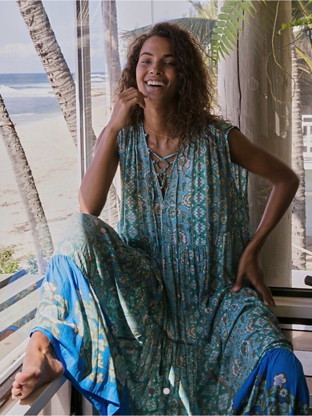 Free People Hanalei Bay Maxi Dress in Hawaiian Breeze| Lace-Up Dress | SZ XS